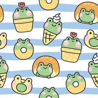 Seamless pattern of cute frog bakery.Reptile animal character cartoon design.Bread,ice cream,donut,cookies hand drawn.Kawaii.Vector.Illustration. vector