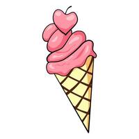 Pink melted ice cream ball in waffle cone isolated on white background. Vector illustration