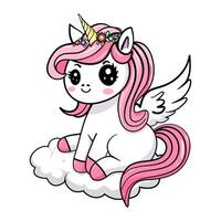 linda unicornio en el nubes dibujos animados en hada cuentos es pastel rosado. adecuado para diseño para niños tarjetas, fondos de pantalla, camiseta impresión, blanco antecedentes vector ilustraciones.