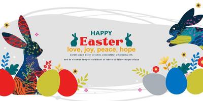 Happy Easter banner with frame made of eggs  bunnies and spring flowers in flat style vector