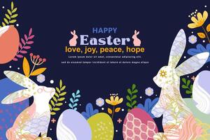 Happy Easter banner with frame made of eggs  bunnies and spring flowers in flat style vector