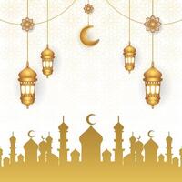 Islamic background with lanterns garland and mosque background vector