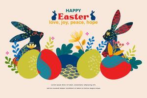 contento Pascua de Resurrección bandera con marco hecho de huevos conejitos y primavera flores en plano estilo vector