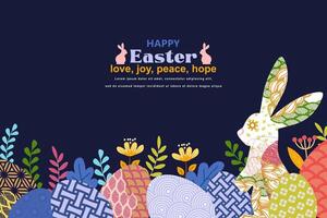 Happy Easter banner with frame made of eggs  bunnies and spring flowers in flat style vector