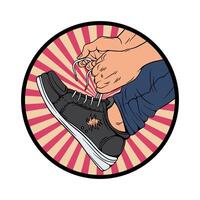 Vector illustration of person tying shoelaces in retro style circle frame