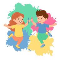 chico y niña disfrutar holi festival y jugando pichkari. vector ilustración