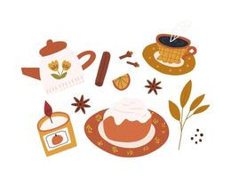 Autumn elements in cute cartoon flat vector style, isolated on white background. Composition with cozy hand drawn fall stickers - candle, cinnamon roll, teapot, mug, clove and anise star.