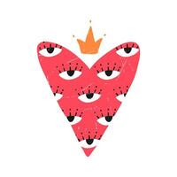 Hand drawn heart with crown and eyes, flat vector illustration isolated on white background. Valentines day symbol with grunge texture. Concept of love.
