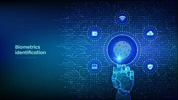 Fingerprint scanning. Biometrics identification. Personal Data protection. Cyber Security. Background with circuit board connections and tech icons. Wireframe hand pressing button. Vector Illustration