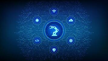 Smart Industry 4.0. Robotic hand. Factory automation. Autonomous industrial technology. Industrial revolutions steps. Background with circuit board connections and Industry icons. Vector Illustration.