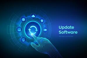 Update Software. Upgrade Software version concept on virtual screen. Computer program upgrade business technology internet concept. Robotic hand touching digital interface. Vector illustration.