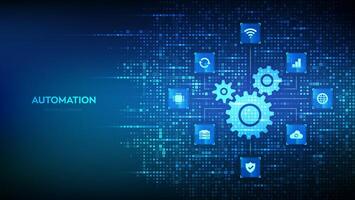 Automation Software. Gears icon made with binary code. IOT and Automation icons connections. Digital binary data and streaming digital code. Matrix background with digits 1.0. Vector Illustration.