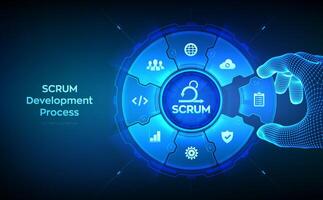 SCRUM. Agile development methodology process. Iterative sprint methodology. Programming and application design concept. Wireframe hand places an element into a composition visualizing SCRUM. Vector. vector