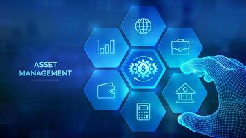 Asset management. Business investment banking payment technology concept on virutal screen. Wireframe hand places an element into a composition visualizing Asset management. Vector illustration.