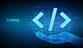 Programming code. Coding or Hacker sign. Programming code icon made with binary code in wireframe hand. Digital binary data and digital code. Matrix background with digits 1.0. Vector Illustration.