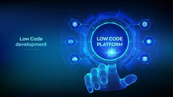 Low code platform and No Code development technology concept. LCDP and NCDP - software development using graphical interfaces. Wireframe hand touching digital interface. Vector illustration.