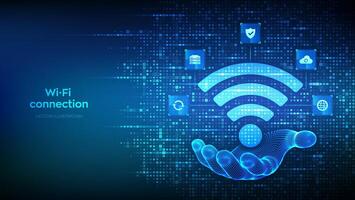 Wi-Fi network icon. Wi Fi sign made with binary code in hand. Wlan access, wireless hotspot signal. Mobile connection zone. Data transfer icons connections. Mobile transmission. Vector illustration.