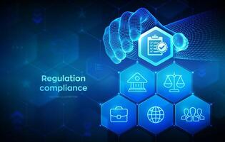 Regulation Compliance financial control technology concept. Compliance rules. Law regulation policy. Wireframe hand places an element into a composition visualizing Reg Tech. Vector illustration.