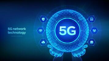 5g red inalámbrico sistemas, Internet de cosas tecnología concepto en el forma de esfera con hexágono cuadrícula modelo en estructura metálica manos. 5g inalámbrico móvil Internet Wifi conexión. vector ilustración