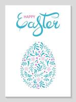 Happy Easter poster with floral pattern egg. Simple vertical greeting card with lettering. Folk style design. Hand drawn floral doodle. Festive background for invitations. Vector flat illustration.