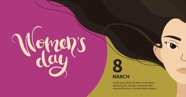 Happy Womens day horizontal banner. Women Asian races vector flat illustration. 8 March copy space banner. Beautiful diverse women girls faces in front view. Hand lettering.