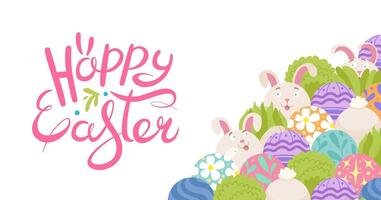Happy Easter banner with pattern rabbit and colorful Easter eggs. Hand drawn doodle and lettering. Folk style design. Ornamental mesh scales. Festive background for invitations. Vector illustration.