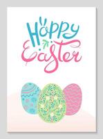Simple vertical Easter poster. Colored floral and geometric patterned eggs. Cute greeting Card. Festive background for invitations. Can be used for greeting card, print. Vector flat illustration.