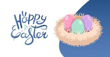 Easter web banner with hand drawn lettering. Fluffy birds nest with colored eggs for Easter. Simple Horizontal greeting banner. Festive background for invitations. Vector flat illustration.