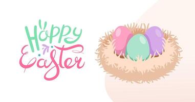 Easter web banner with hand drawn lettering. Fluffy birds nest with colored eggs for Easter. Simple Horizontal greeting banner. Festive background for invitations. Vector flat illustration.