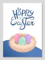 Easter poster with hand drawn lettering. Fluffy birds nest with colored eggs for Easter. Simple Vertical greeting banner. Festive background for invitations. Vector flat illustration.