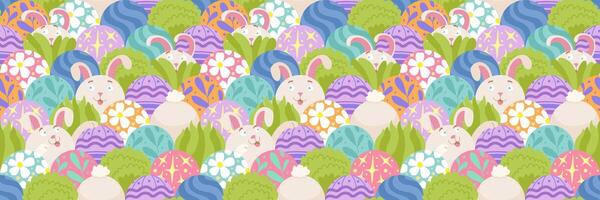 Easter rabbit seamless pattern. Colorful Easter eggs. Patterned eggs with bunnies, flowers. Ornamental mesh scales. Suitable for greeting cards, banner, textiles, wallpapers. Vector flat illustration.