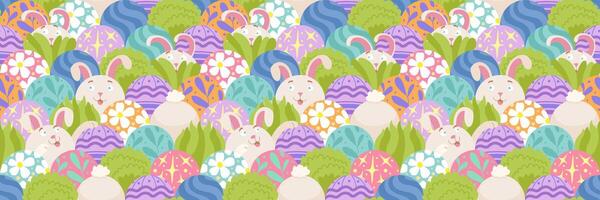 Easter rabbit seamless pattern. Colorful Easter eggs. Patterned eggs with bunnies, flowers. Ornamental mesh scales. Suitable for greeting cards, banner, textiles, wallpapers. Vector flat illustration.