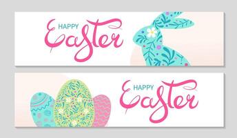 Happy Easter banners set, party invitation background. Rabbit in floral pattern and colored eggs. Hand drawn Happy Easter lettering. Horizontal greeting background, for web. Vector flat illustration.