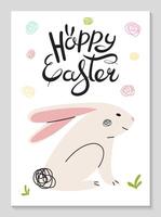 Modern happy Easter poster with hand drawn rabbit. Modern minimal style. Vertical Greeting Card. Cute Easter bunny and lettering. Festive background for invitations. Vector flat illustration.