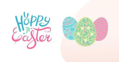 Simple Horizontal Easter banner. Colored floral and geometric patterned eggs. Cute greeting Card. Festive background for invitations. Can be used for greeting card, web. Vector flat illustration.