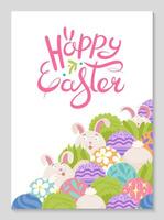 Happy Easter poster with pattern rabbit and colorful Easter eggs. Hand drawn doodle and lettering. Folk style design. Ornamental mesh scales. Festive background for invitations. Vector illustration.