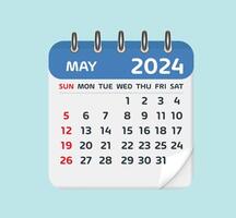 May 2024 Calendar Leaf. Calendar 2024 in flat style vector