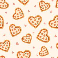 Pizza heart seamless pattern in pink and beige colors for Valentines day. Vector romantic repeat background, lovely print, cute slice of pizza, funny wallpaper, textile design, tasty food illustration