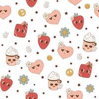 Pink groovy romantic seamless pattern. 1970 retro characters - with eyes, heart, strawberry, smiling cup coffee. Hippie Valentines day repeat background. Vector seventies cool wallpaper, fabric, print