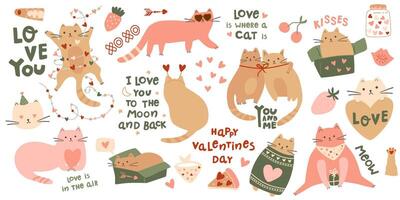 Valentines Day cat set. Funny cats wear sweater, hearts, kitty in the box. Romantic pink and beige isolated elements. Vector holiday collection of inscriptions and lettering for 14 February, cute pets