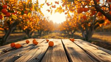 ai generado vacío madera mesa con gratis espacio terminado naranja árboles, naranja campo antecedentes. para producto monitor montaje foto