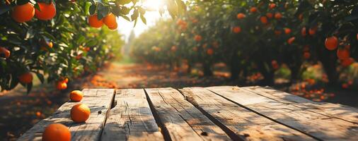 ai generado vacío madera mesa con gratis espacio terminado naranja árboles, naranja campo antecedentes. para producto monitor montaje foto