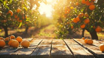 ai generado vacío madera mesa con gratis espacio terminado naranja árboles, naranja campo antecedentes. para producto monitor montaje foto