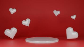 3d representación rojo enamorado tarjeta con blanco ciervo podio para producto publicidad foto