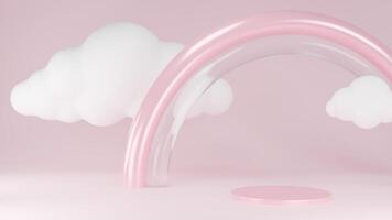 3D Rendering pink sky rainbow podium with clouds photo