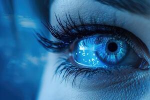 ai generado azul ojo futuro visión bandera humano ojo tecnología futurista antecedentes foto