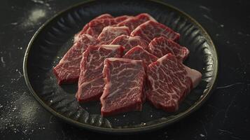 AI generated a black plate with beef cuts that have been sliced photo