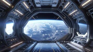 AI generated Spaceship futuristic interior with view on planet Earth. photo