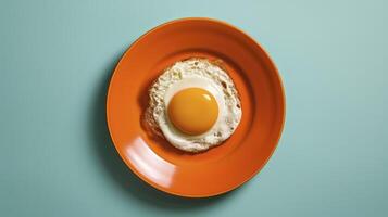 AI generated a fried egg on a  orange ceramic plate on a plain light blue background photo