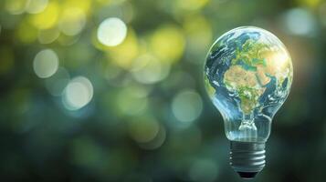 AI generated World map on a light bulb bokeh background. world day concept. copy space photo